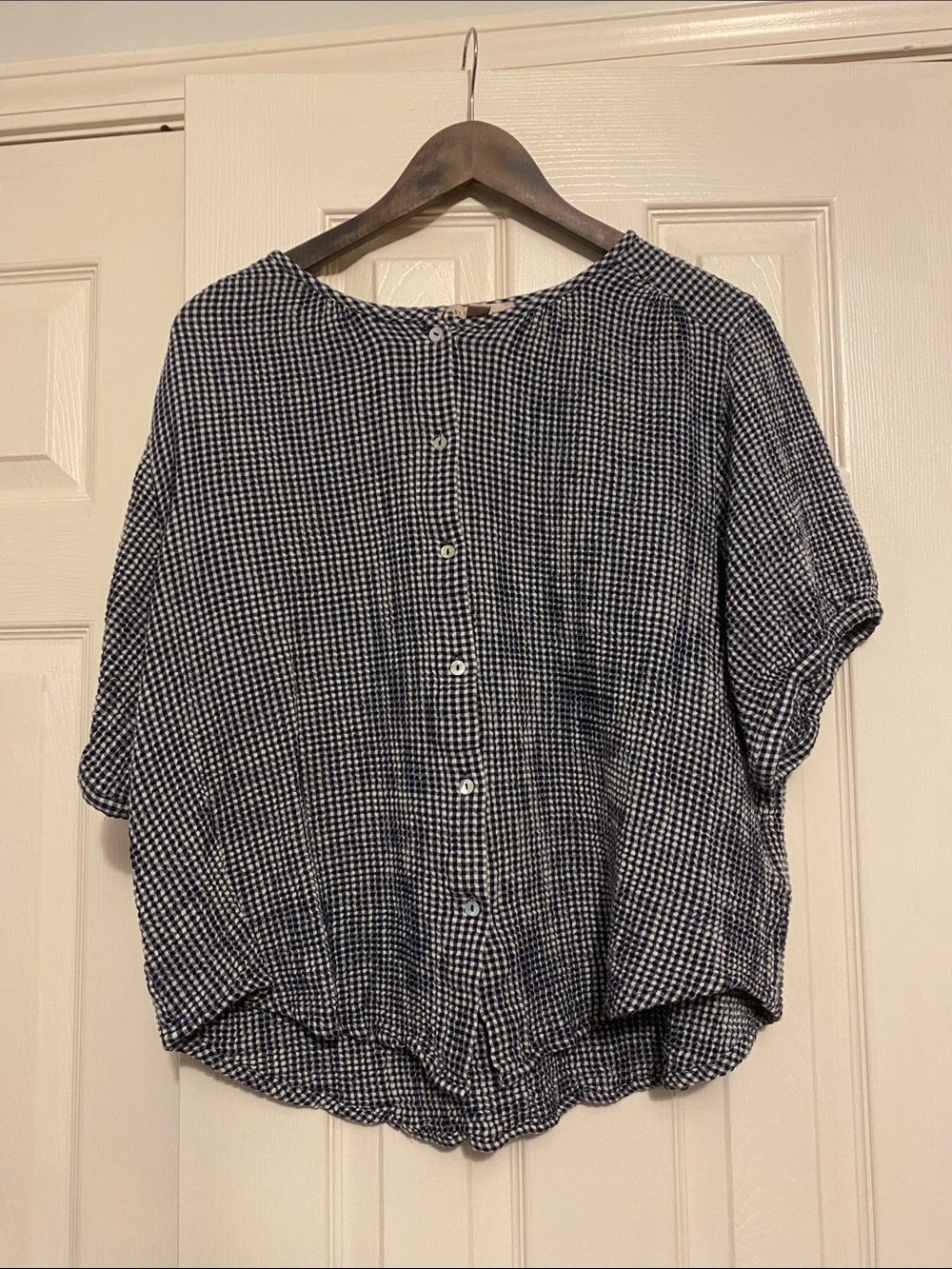 Button-Front Navy Gingham Short Sleeve Top